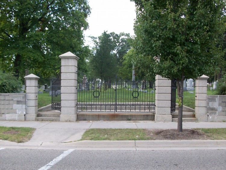 View of cemetery gates on Fulton Street.