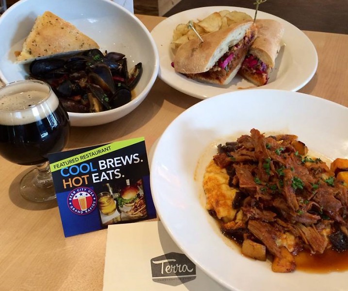 Terra GR's Cool Brews. Hot Eats. menu featured beer-steamed mussels and curried barbecue pork.