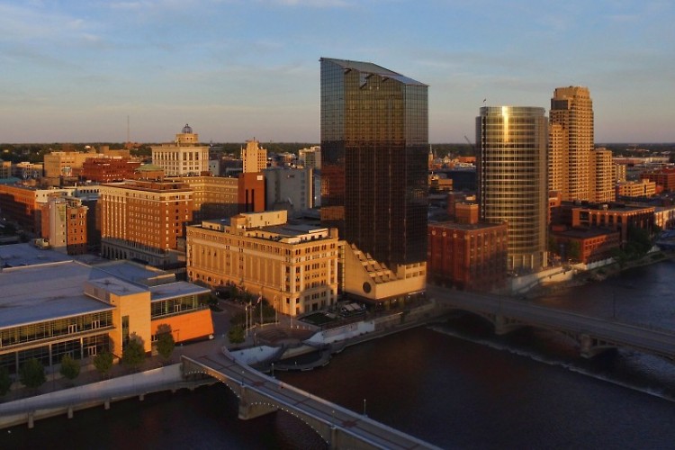 An aerial view of downtown Grand Rapids
