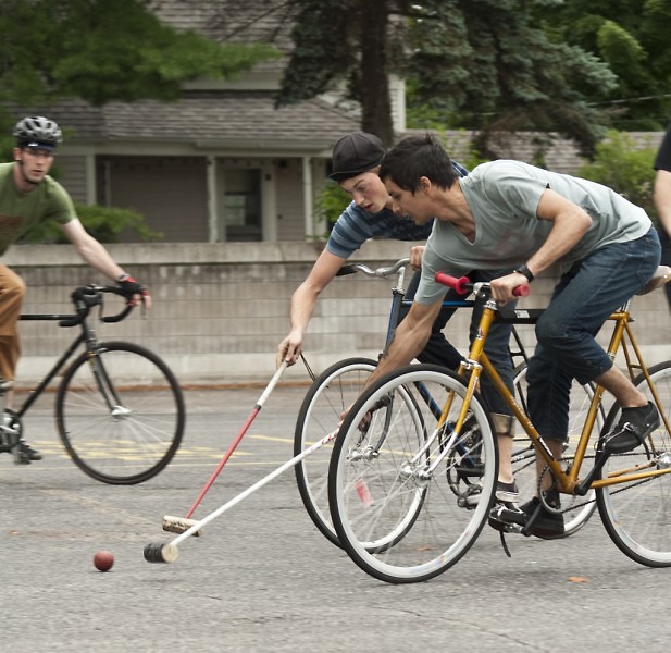 Bike polo is played while mounted on bicycles. Some players will create shields to deflect the ball off their wheels.