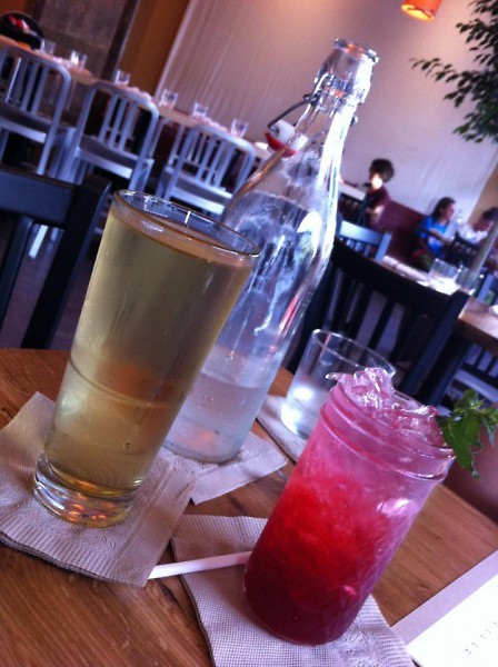 Trillium Haven drinks. Right to left: hard cider, Trillium Haven's old fashioned lemonade style water pitcher, raspberry mojito