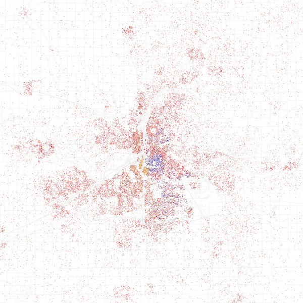 2000 census data of ethnicities in GR mapped out. Dot=25 people, Red=White, Blue=Black, Green=Asian, Orange=Hispanic, Gray=Other