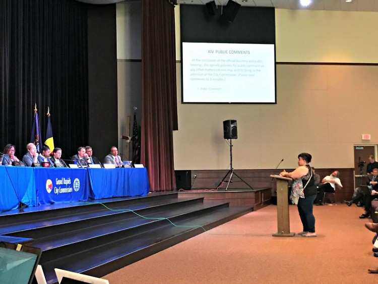 Alicia Reece speaking during public comments at the June 7, 2017 City Commission meeting at the Kroc Center.