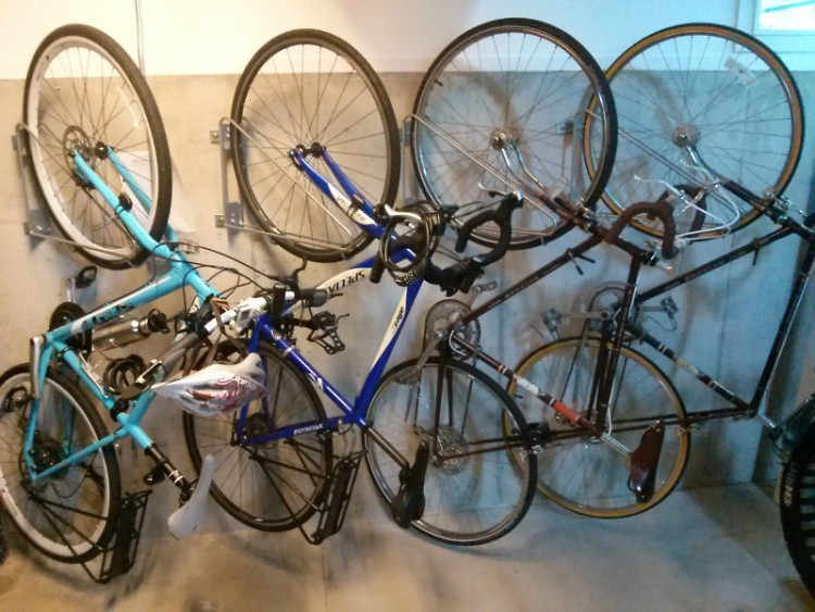 Bike racks assembled at an angle provide a space-saving way for businesses to provide bicycle storage for employees