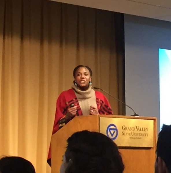 Bree Newsome, American Filmmaker and activist, speaking at the Kirkhof Center of Grand Valley State University