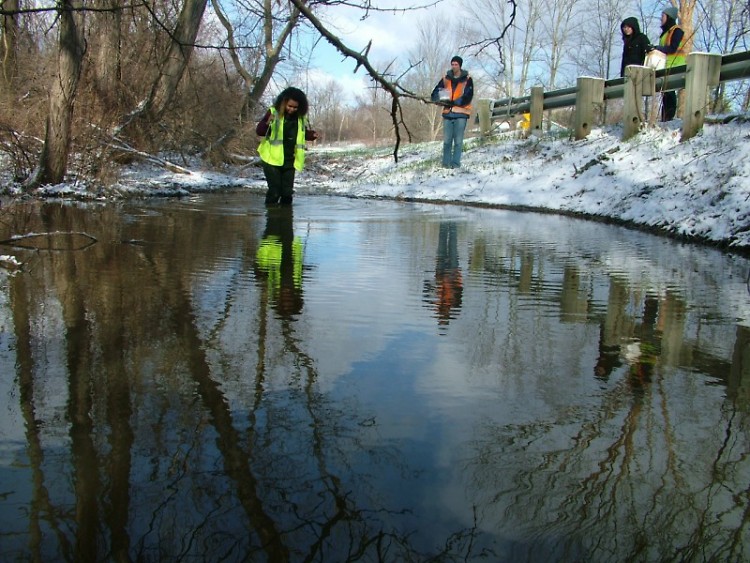Students collecting water samples from Plaster Creek where it crosses under 76th Street in the rural headwaters region of the wa