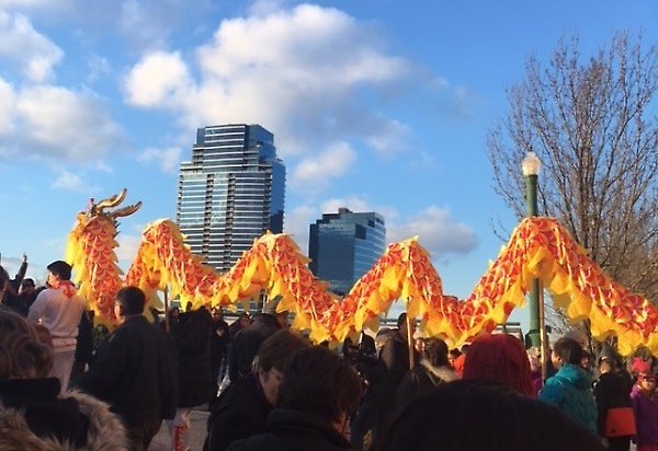 Gorgeous blue skies for dragon parade at the start of the Grand Rapids Chinese Lunar New Year festival.