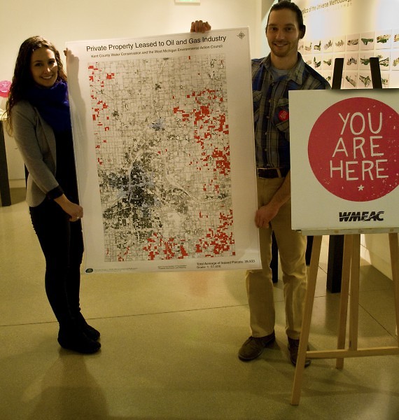 Stephanie Mabie and Brian Keeley, co-founders of Kent County Water Conservation display a map of private land leases.