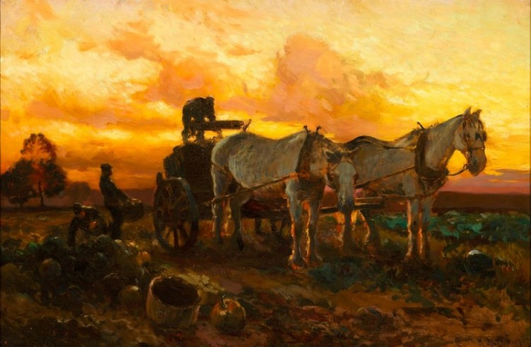 “Gathering Pumpkins at Sunset” (1907) by Mathias Alten in the Gordon Gallery of Art at Grand Valley State University.