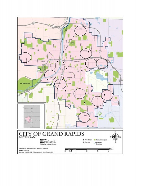Map of Green Space in Grand Rapids. Circles were added to represent areas with lack of green space one mile in diameter.