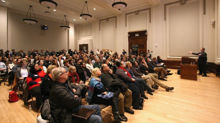 Downtown residents listen at a GR Forward forum held at the Federal Building earlier this year.