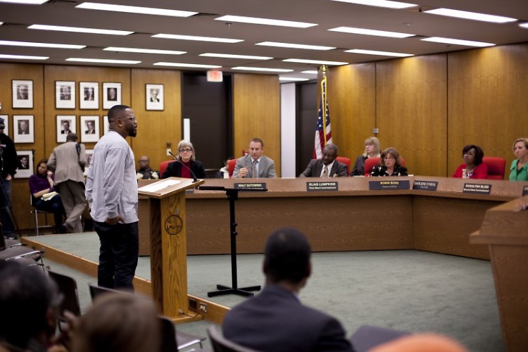 LINC Co-Executive Director Derel Ross addresses city commissioners on December 2 at City Hall