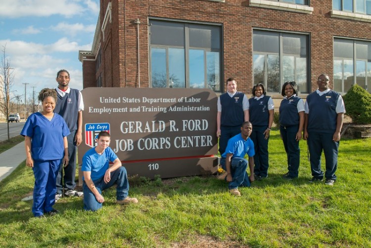 Job Corps students outside the Gerald R. Ford Center