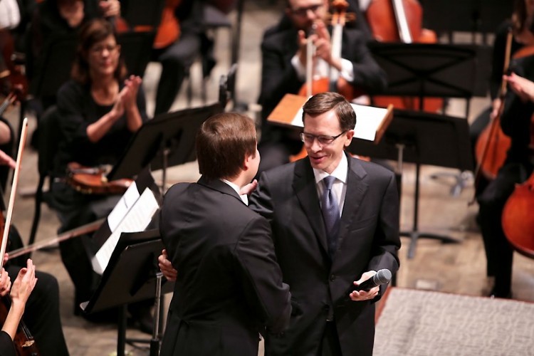 Grand Rapids Symphony President Peter Kjome welcomes new Music Director Marcelo Lehninger to DeVos Performance Hall in October.