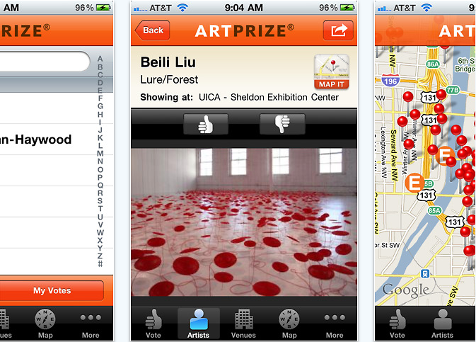 The free ArtPrize iPhone application, where users can search artists and venues, vote and browse images of ArtPrize entries.
