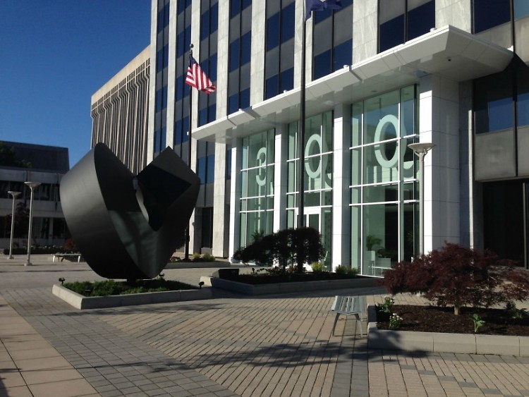 "Split Ring," by sculpture Clement Meadmore is now on display at 300 Ottawa, the office of the Grand Rapids Symphony, downtown.