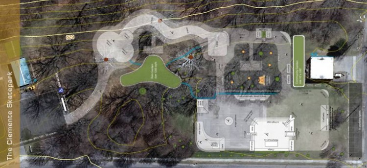 Plan of the skate park laid over an aerial view of the current park. Click to enlarge.