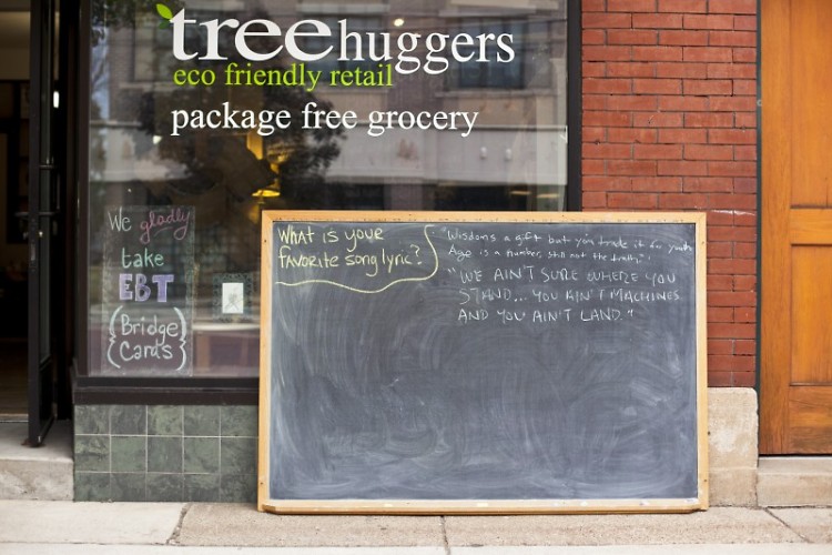 Tree Huggers displays a donated chalkboard posing a questions to passersby.
