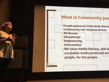 Briana Urena-Ravelo defines community journalism during our event Thursday, August 18 at Wealthy Theatre's micro-cinema. 