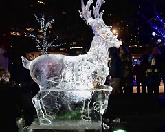 A ice carving of a reindeer on display at Rosa Parks Circle 