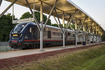 An Amtrak train leaving the station in Grand Rapids