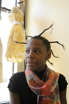 Silk dyed scarves by Congolese women, modeled by Adell