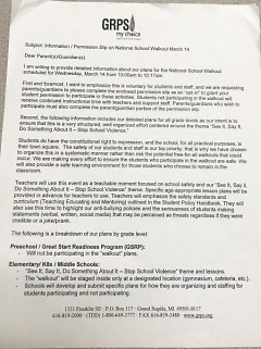 GRPS letter sent to parents about the walkout