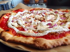 Harmony's special pizza:The Uptown Get Down!: Roasted local eggplant with red sauce, ricotta, finished with fresh local mint