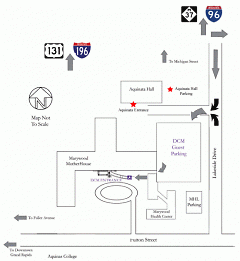 Map marking Aquinata Hall and Free Parking