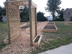 Raised vegetable beds prior to planting at the Well House community garden, located at Sheldon Avenue and Pleasant Street.