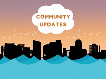 A graphic showing the city skyline against the sunset. The river flows in front. A cloud reads "Community Updates."