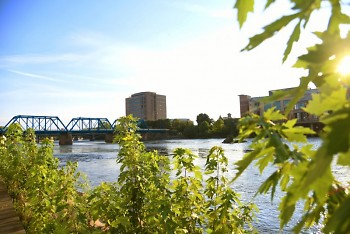 A view of downtown Grand Rapids and The Blue Bridge.