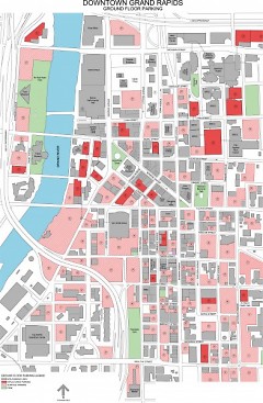 Downtown Grand Rapids. Solid red indicates parking structures. Hatched red/pink indicates surface parking lots.