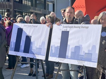 Graphs display Grand Rapids housing shortage and TWM's stance on the Three Towers project subsidy