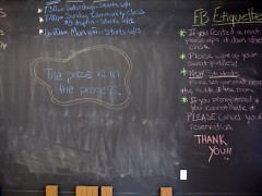 Chalkboards abound in The Funky Buddha and display upcoming events, reminders and sometimes the yoga sequence.