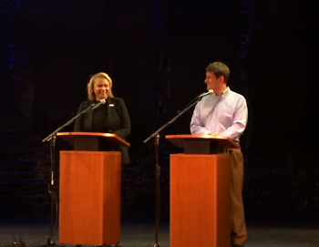 Grand Rapids mayoral candidates Senita Lenear and David LaGrand debate at Wealthy Theatre before Nov. 5, 2024 election.