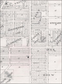 A portion of an 1884 map of Grand Rapids showing several streets with old names, including Crabapple Alley and Christ Street.