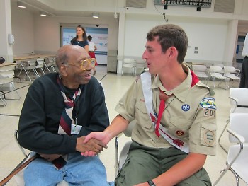 Christopher Quiroz visits with veteran after his Eagle Scout Service Project