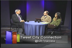 Mayor George Heartwell talks to GRCMC's Tom Schwallie and Linda Gellasch on last month's City Connection