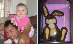 Left: Gless with Jaina. Right: Jaina's Rabbit displayed at Biggby Coffee in Monroe Mall.